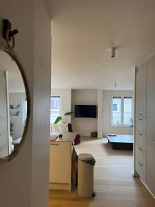 sala de estar con sofá y espejo en Delvaux Oostende, en Ostende