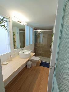 een badkamer met een wastafel, een toilet en een douche bij San Benito 16 in La Laguna