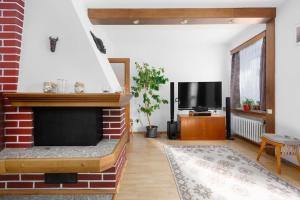 a living room with a fireplace and a tv at Entire house with garden near Prague in Benešov
