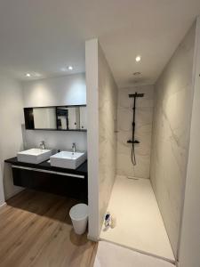 a bathroom with two sinks and a shower at Charmant appartement au look design in Mons