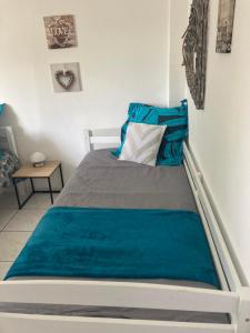 a bedroom with a bed with a blue blanket at La Caz Anaïs avec jacuzzi in Saint-Joseph