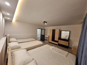 Habitación con 3 camas y TV. en Flowers Guesthouse en Tirana