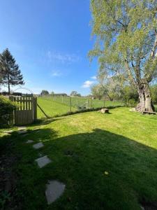 a green field with a fence and a tree at Beautiful 2 bed Oast - 15 acre farm - Tunbridge Wells in Royal Tunbridge Wells