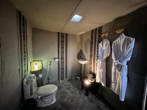 a bathroom with a toilet and a shower curtain at Starwatching Private Camp in Ḩawīyah