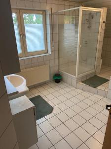 a bathroom with a shower and a sink at Gästehaus am Biener See in Schepsdorf