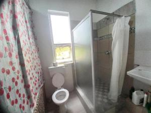 a bathroom with a shower and a toilet and a sink at Home Away on Plein in Cape Town