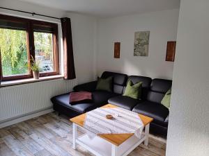 ein Wohnzimmer mit schwarzem Sofa und einem Tisch in der Unterkunft Pumphuts Scheune Ferienwohnungen Nr 5 - 9 beim Freizeitpark Plohn in Lengenfeld