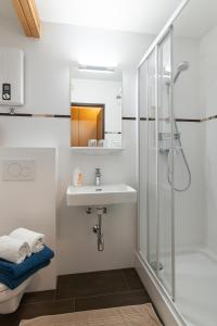 een badkamer met een wastafel en een douche bij Appartement Scheibling in St. Wolfgang