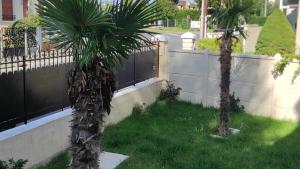 two palm trees in a yard next to a fence at calme appartement de vacances in Écouen