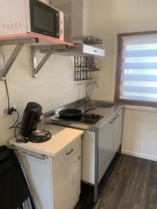 een kleine keuken met een fornuis en een magnetron bij Het molenhuisje in Winsum