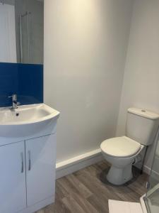 a bathroom with a white toilet and a sink at 29a in Downham Market