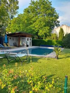 un patio con piscina y una casa en Montjoïa Le gîte bleu, en Le Thor