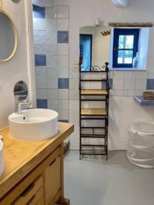 - Baño con lavabo y escalera de toallas en Montjoïa Le gîte bleu, en Le Thor