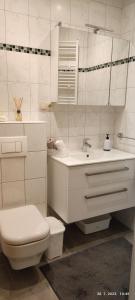 Baño blanco con aseo y lavamanos en Rooms and Apartments Riviera en Rab