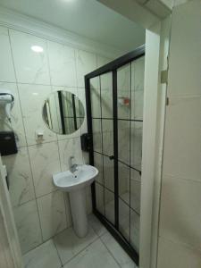 a bathroom with a sink and a mirror and a shower at Deeps Hostel Ankara 2 in Ankara