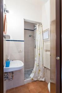 a bathroom with a shower curtain and a sink at Casa in Borgo Medievale,Stimigliano in Stimigliano