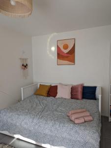 ein Schlafzimmer mit einem großen Bett mit Kissen darauf in der Unterkunft Studio Rambouillet, Parc & Forêt in Rambouillet