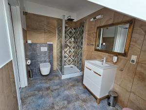 een badkamer met een douche, een wastafel en een toilet bij Dolcevita Podlasie in Bondary