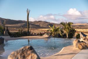 a swimming pool in the desert with a palm tree and mountains at Alma Calma Hotel Rural in Tindaya