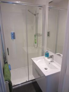 a white bathroom with a shower and a sink at Barn conversion, Old Hatfield, Herts Just a few minutes walk to Hatfield train station and Hatfield House in Hatfield