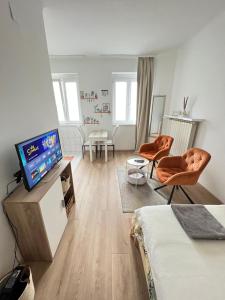 een kamer met een bed, een televisie en stoelen bij TOP LOCATION in Wenen