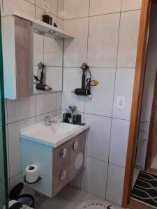 La salle de bains est pourvue d'un lavabo et d'un miroir. dans l'établissement Casa da Joana, à Monte Verde