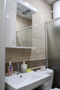 een badkamer met een wastafel en een spiegel bij Dino's apartment in Skopje