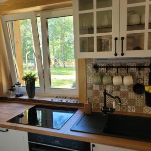 eine Küche mit einer Theke mit einem Waschbecken und einem Fenster in der Unterkunft Leśna Kryjówka domki w lesie in Wersk