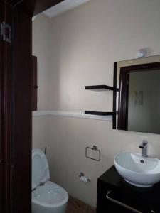 a bathroom with a white toilet and a sink at Aspen Luxury Villa in Accra