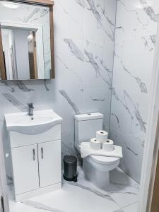 Swindon City Centre Apartments by Elegance Living في سويندون: حمام ابيض مع مرحاض ومغسلة