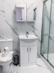 Swindon City Centre Apartments by Elegance Living في سويندون: حمام مع حوض ومرحاض ومرآة