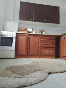 una cocina con armarios de madera y una alfombra en el suelo en Sweet Home Appartman, en Kazincbarcika