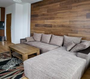 a living room with a couch and a wooden wall at Cozy Rila Park Apartments in Borovets