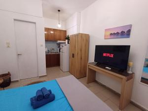 a living room with a television and a kitchen at APARTMENTS ON THE BEACH in Velika