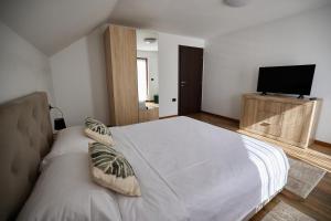 a bedroom with a bed and a flat screen tv at Comfy House in Borşa