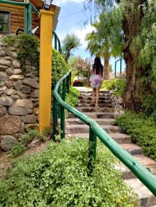 a woman walking up some stairs with a green rail at Cabañas Pacari Tampu in Mendoza