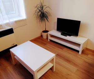 a living room with a flat screen tv and two tables at Apartman Coral in Prague