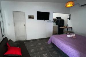um quarto com uma cama roxa e uma televisão de ecrã plano em Apartamento centro Santa Marta em Santa Marta