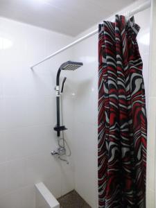 a shower in a white bathroom with a shower curtain at Hostel Mana Kutaisi in Kutaisi
