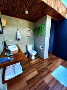 a bathroom with a toilet and a sink at Cabana Vale Encantado in São Bento do Sapucaí