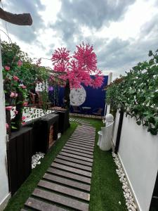 einen Garten mit rosa Blumen und einem Gehweg in der Unterkunft Departamento Inteligente con Jacuzzi Privado en Zapopan in Guadalajara