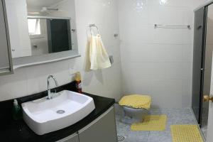 a bathroom with a sink and a toilet and a mirror at Apartamento em Bento Gonçalves-RS in Bento Gonçalves