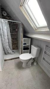 a bathroom with a white toilet and a skylight at Maison vue mer Omaha Beach in Vierville-sur-Mer