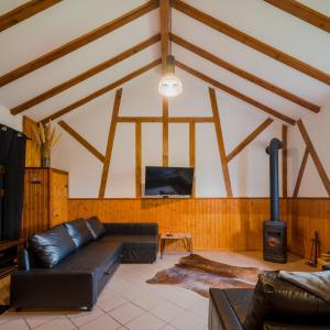 sala de estar con sofá de cuero negro y TV en Chez Bernadette Alsace prox Route des Vins et Europa Park Rulantica, en Marckolsheim