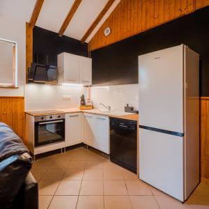 een keuken met witte apparatuur en een witte koelkast bij Chez Bernadette Alsace prox Route des Vins et Europa Park Rulantica in Marckolsheim