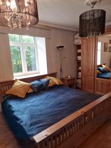 um quarto com uma cama grande e lençóis azuis em Valley of Peace with free parking&playground em Ikšķile