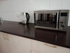 um micro-ondas sentado em cima de um balcão de cozinha em Квартира em Aqtöbe