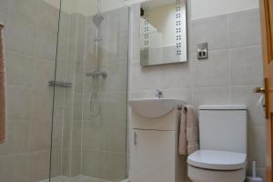 a bathroom with a shower and a toilet and a sink at Ashes Farm - Ingleborough View cottage in Settle