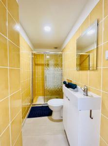 a bathroom with a toilet and a shower and a sink at Casa do Mar in Sesimbra