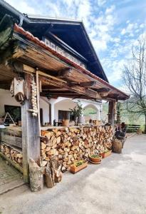 un edificio con un mucchio di tronchi accanto a un muro di Guest Accommodation Butina a Kuterevo